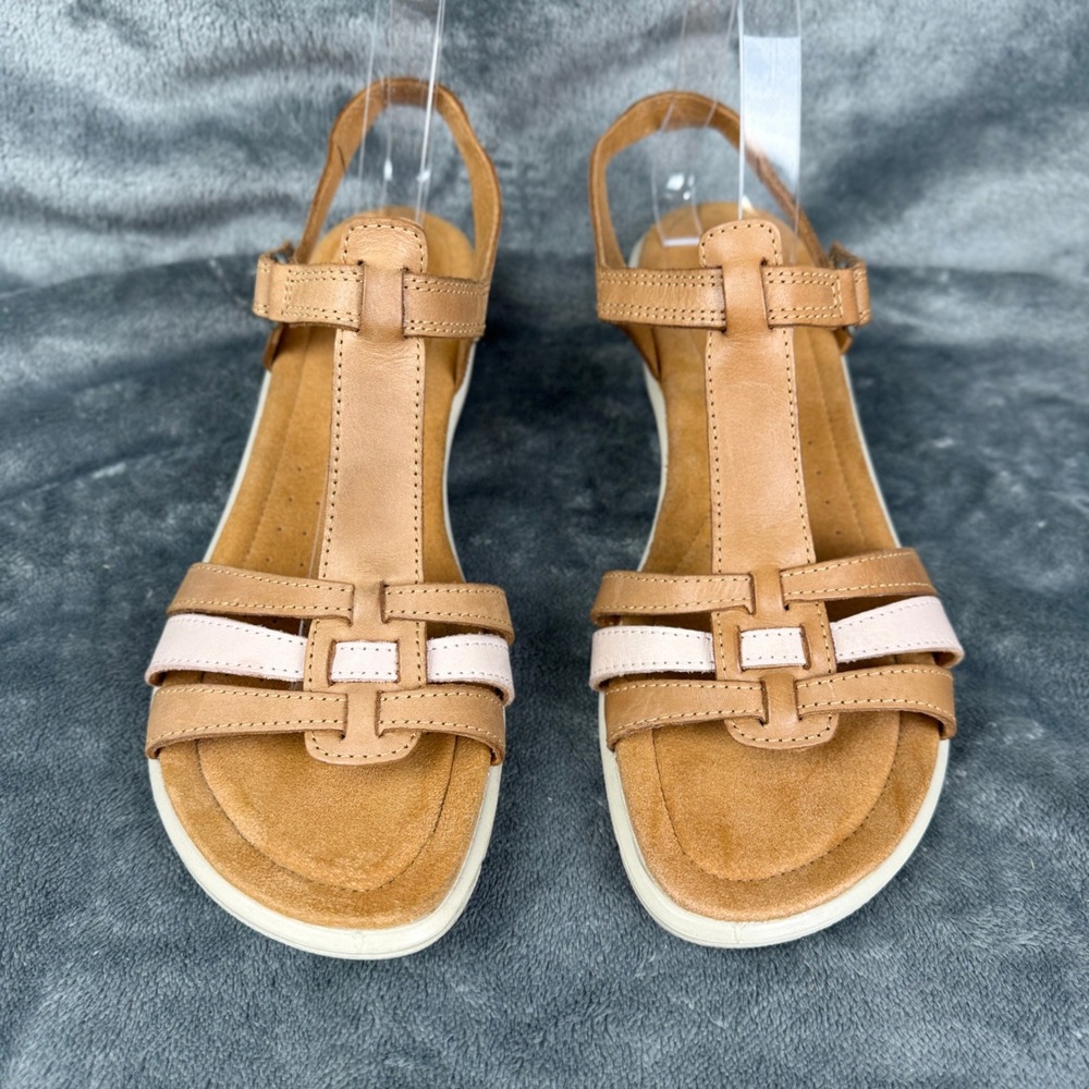 ECCO Tan Leather T-Strap Ankle Strap Wedge‎ Sandals Women's Size EU 41 US 10 - Picture 2 of 11
